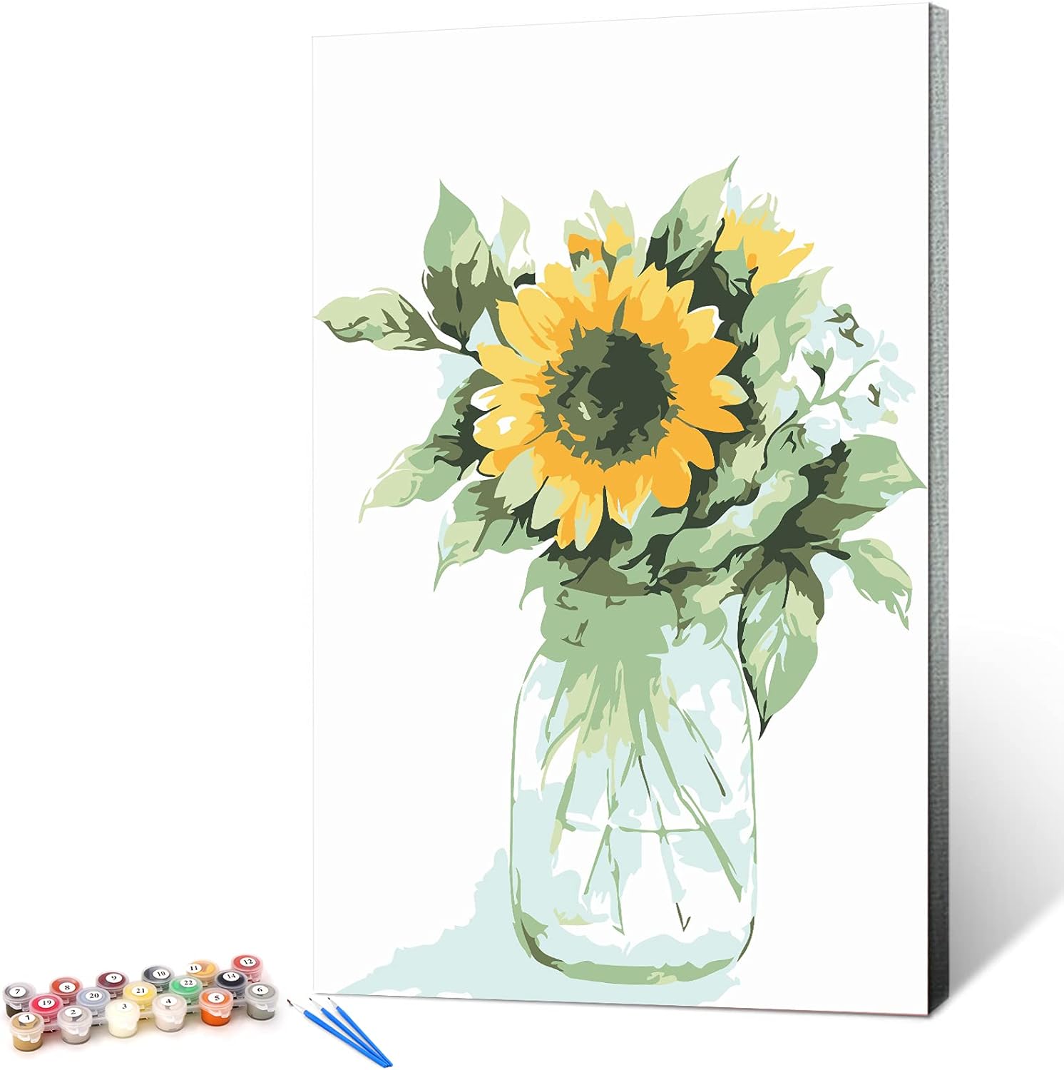 Ginkko Paint by Numbers Kit for Adults Beginner & Kids Ages 8-12 with Wooden Frame Easy Acrylic on Canvas 9x12 inch with Paints and Brushes, Vase Sunflower(Include Framed)