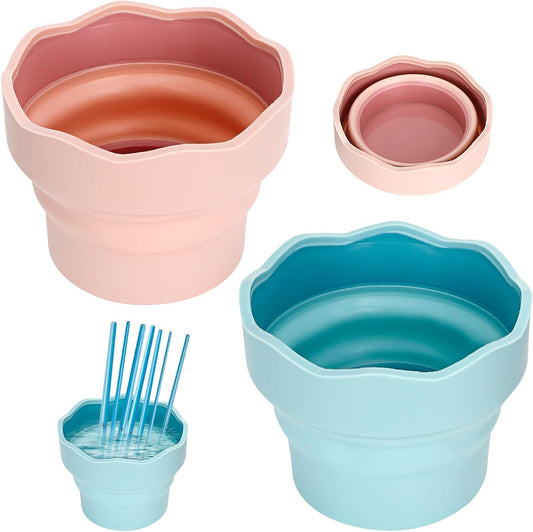 2 Pcs Collapsible Paint Brush Washer Brush Cleaner Portable Silicone Washing Bucket for Watercolor Oil Painting (Pink, Blue)