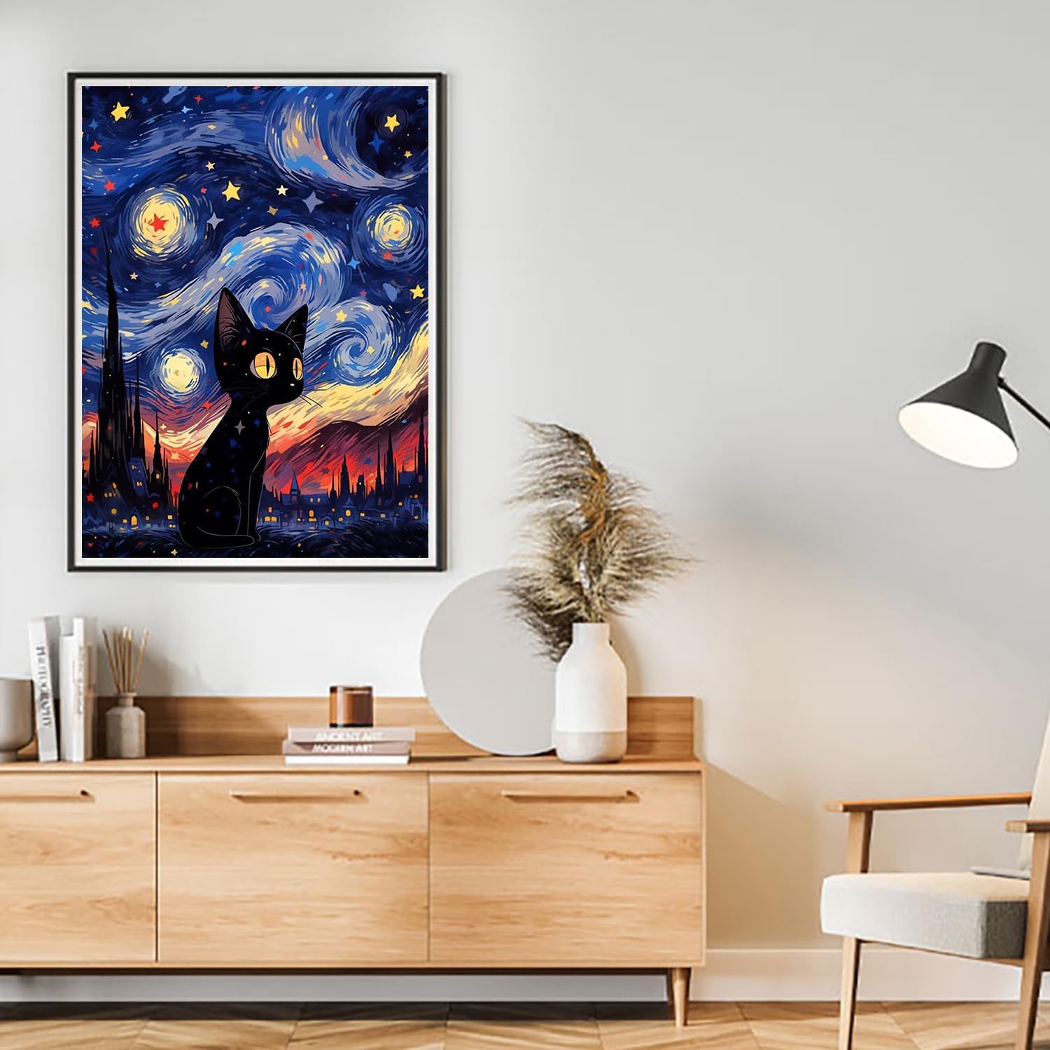 MBNTJHT DIY Black Cat Paint by Numbers Kit for Adults,Cat and Starry Sky Paint by Number Kits for Adults Beginner on Canvas,Easy Watercolor Art Painting Kits for Home Wall Decor 16X20 Inch.