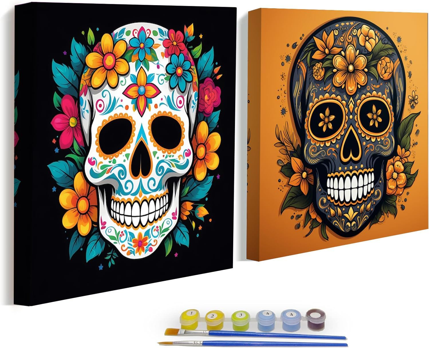 KYOQFVN Skull Paint by Numbers Kit for Adults - 2 Pack Halloween Number Painting for Adults - Acrylic Easy Horror Skeleton Paint by Numbers with Frame - Adult Paint by Number Kits 8x8inch