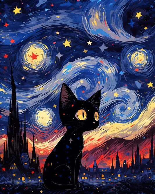 MBNTJHT DIY Black Cat Paint by Numbers Kit for Adults,Cat and Starry Sky Paint by Number Kits for Adults Beginner on Canvas,Easy Watercolor Art Painting Kits for Home Wall Decor 16X20 Inch.