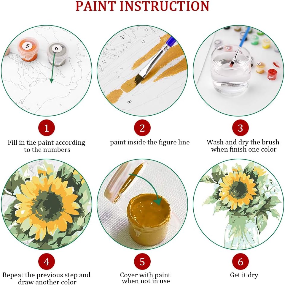 Ginkko Paint by Numbers Kit for Adults Beginner & Kids Ages 8-12 with Wooden Frame Easy Acrylic on Canvas 9x12 inch with Paints and Brushes, Vase Sunflower(Include Framed)