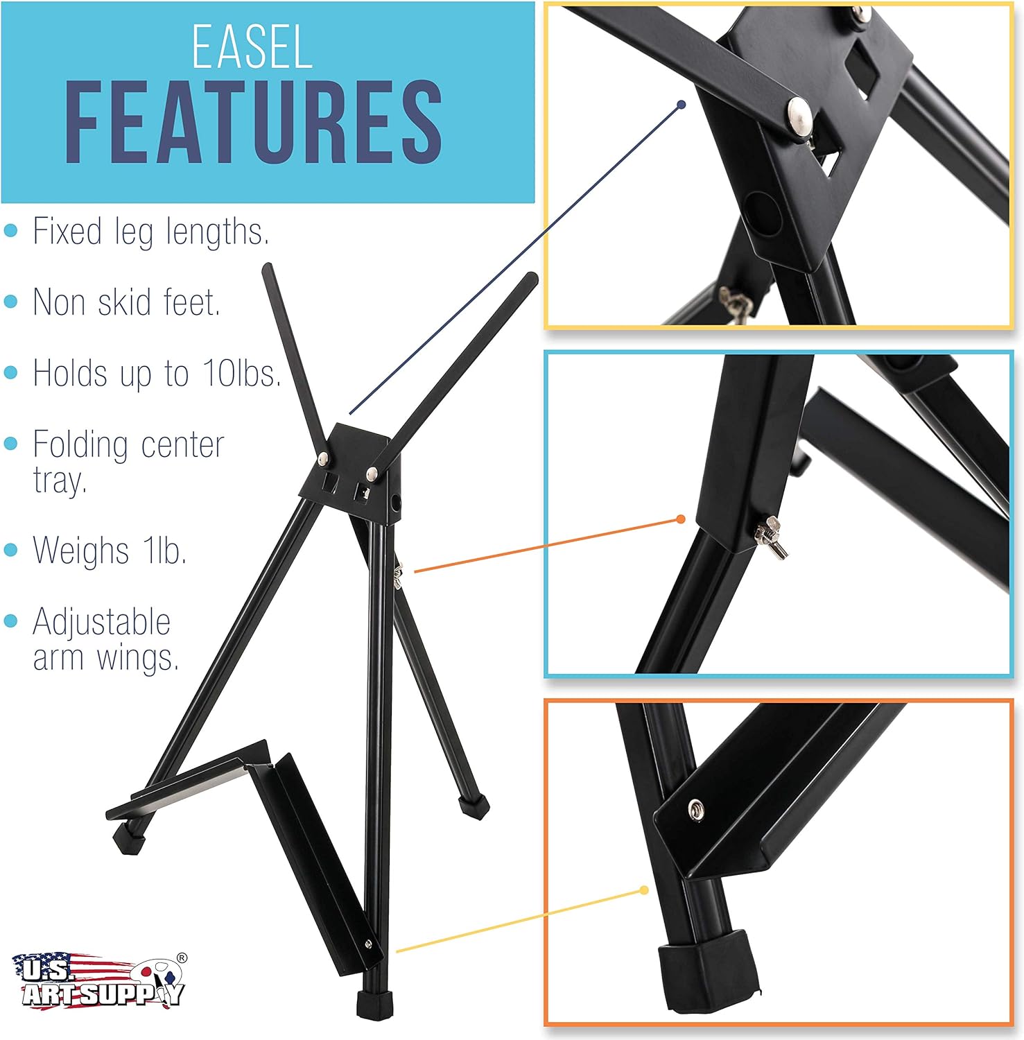 U.S. Art Supply 15" to 21" High Adjustable Black Aluminum Tabletop Display Easel with Extension Arm Wings - Portable Artist Tripod Folding Frame Stand - Holds Canvas, Paintings, Books, Photos, Signs